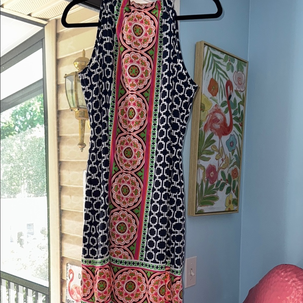 Elegant Navy and Pink Patterned Dress